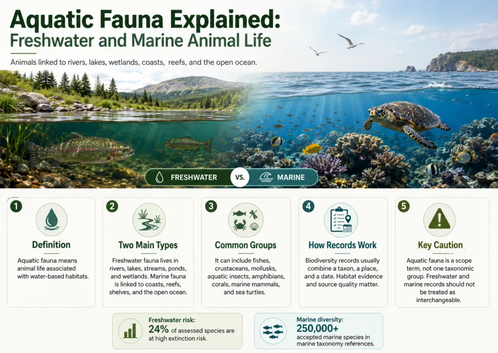 Aquatic fauna, including freshwater and marine animals, displayed in a vibrant underwater scene with diverse fish and coral habitats.