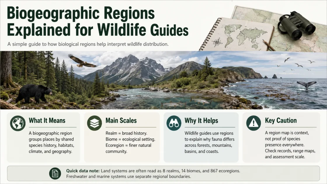 A map illustrating biogeographic regions explained for wildlife guides, showing diverse ecosystems and natural boundaries.