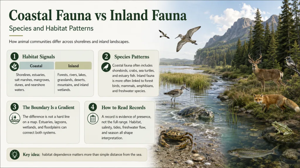 Coastal vs inland fauna illustration showing different species and habitat patterns in diverse environments.