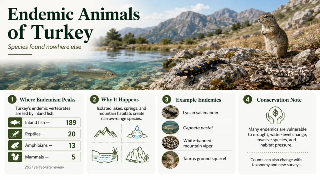 Endemic and range-restricted animals of Turkey, including freshwater fish, amphibians, reptiles and small mammals
