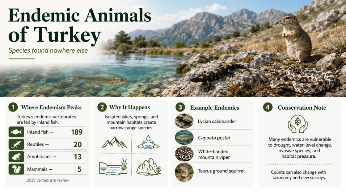 Endemic and range-restricted animals of Turkey, including freshwater fish, amphibians, reptiles and small mammals