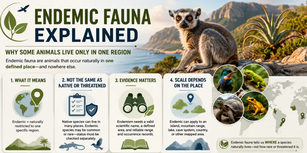 Endemic fauna are animals unique to a specific region, like the lemur living only in Madagascar, showcasing unique biodiversity.