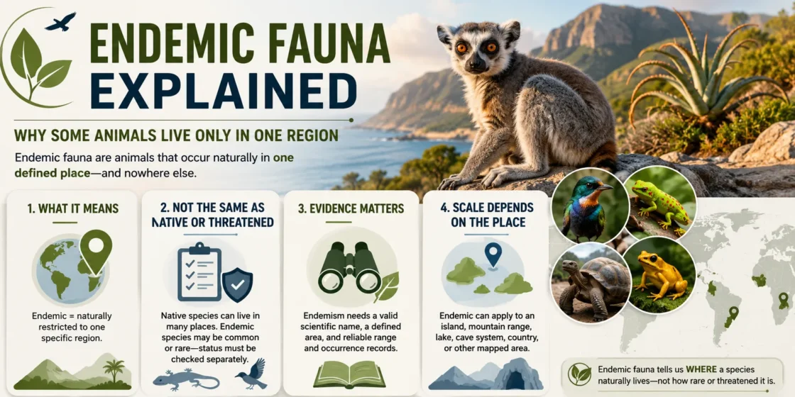 Endemic fauna are animals unique to a specific region, like the lemur living only in Madagascar, showcasing unique biodiversity.