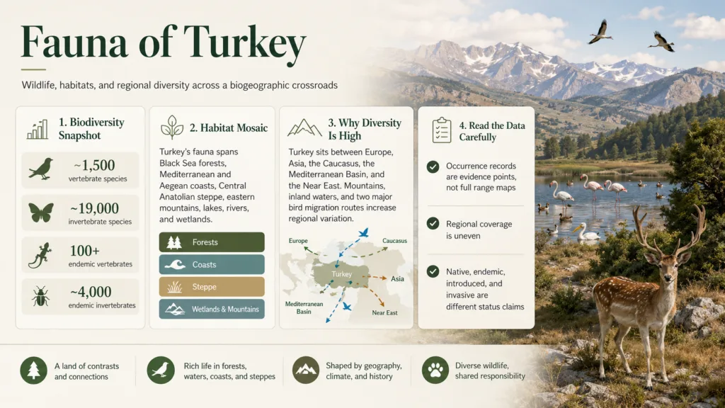 Turkey fauna overview showcases diverse wildlife and habitats across different regions of Turkey.
