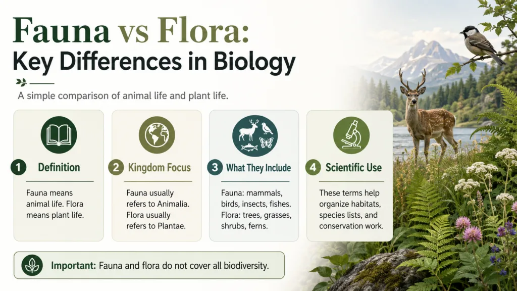 Fauna vs flora showcase key differences in biology, highlighting animal and plant life with visuals of animals, plants, and related symbols.