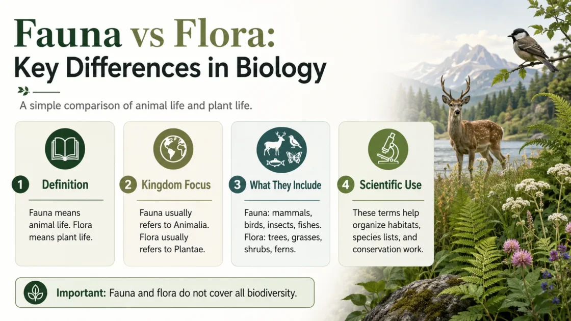 Fauna vs flora showcase key differences in biology, highlighting animal and plant life with visuals of animals, plants, and related symbols.