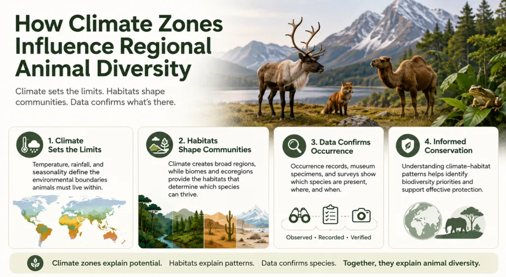 Climate zones shape regional animal diversity by influencing habitats and species distribution in different ecosystems.
