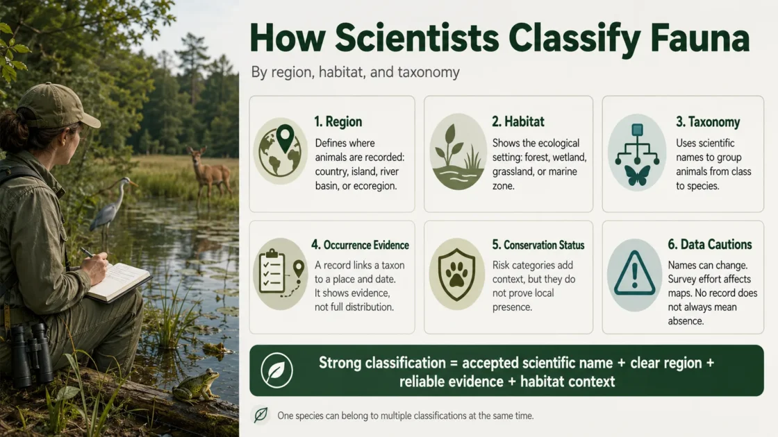 A detailed infographic explaining how scientists classify fauna by region, habitat, and taxonomy for better understanding and research.