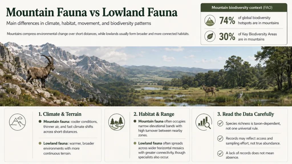 Mountain fauna versus lowland fauna showcase the distinct wildlife adaptations in different terrains.
