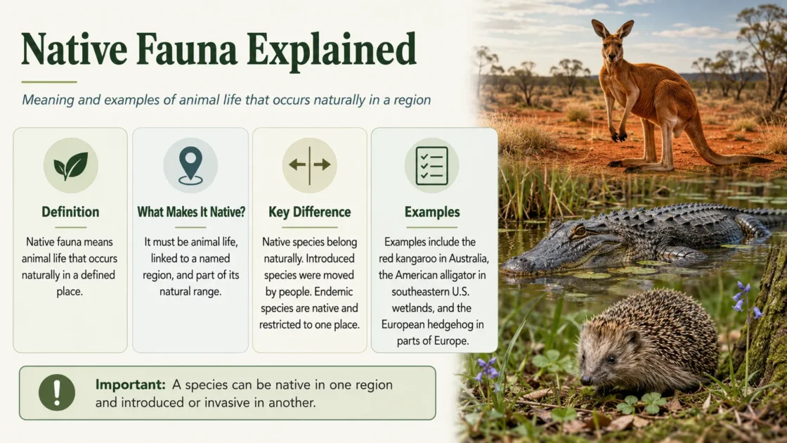 Native fauna includes animals that naturally live in a specific region, such as kangaroos in Australia or bald eagles in North America.
