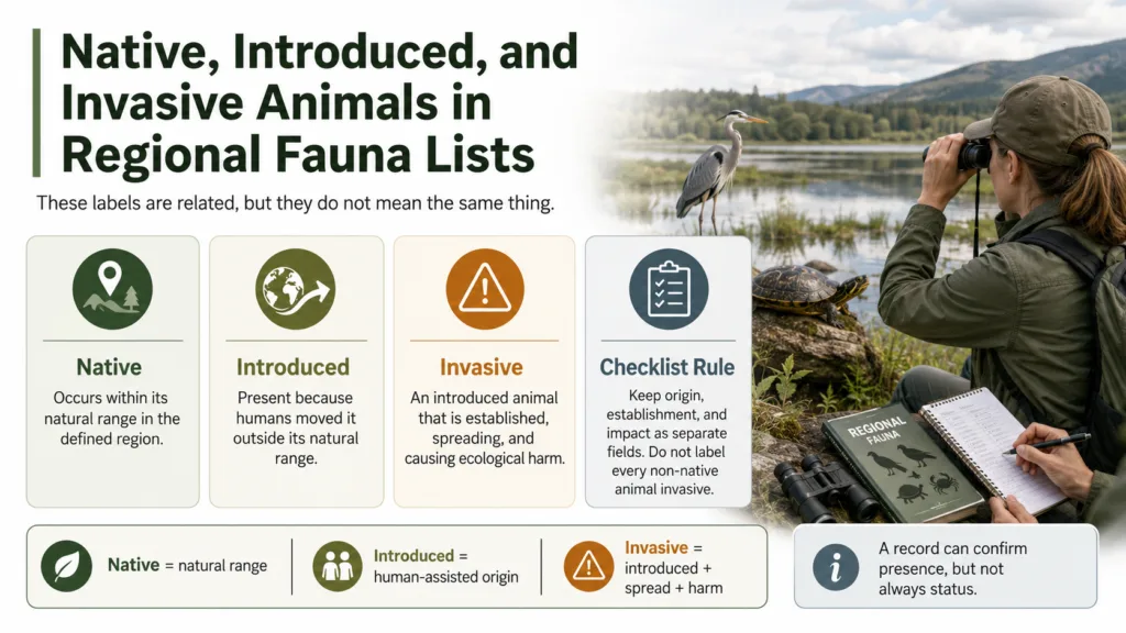 Native, introduced, and invasive animals featured in regional fauna lists showing their roles and classifications.