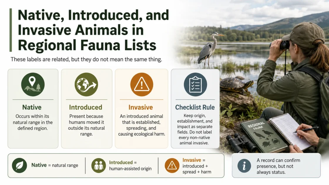 Native, introduced, and invasive animals featured in regional fauna lists showing their roles and classifications.