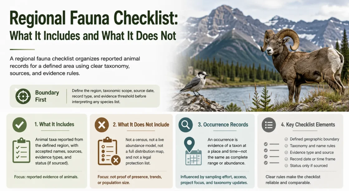 Regional fauna checklist details the species included and excludes non-native animals for local wildlife monitoring.