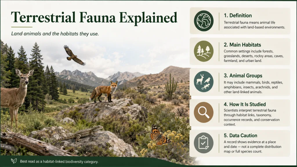 Terrestrial fauna and land animals' habitats illustrated in a natural landscape setting.
