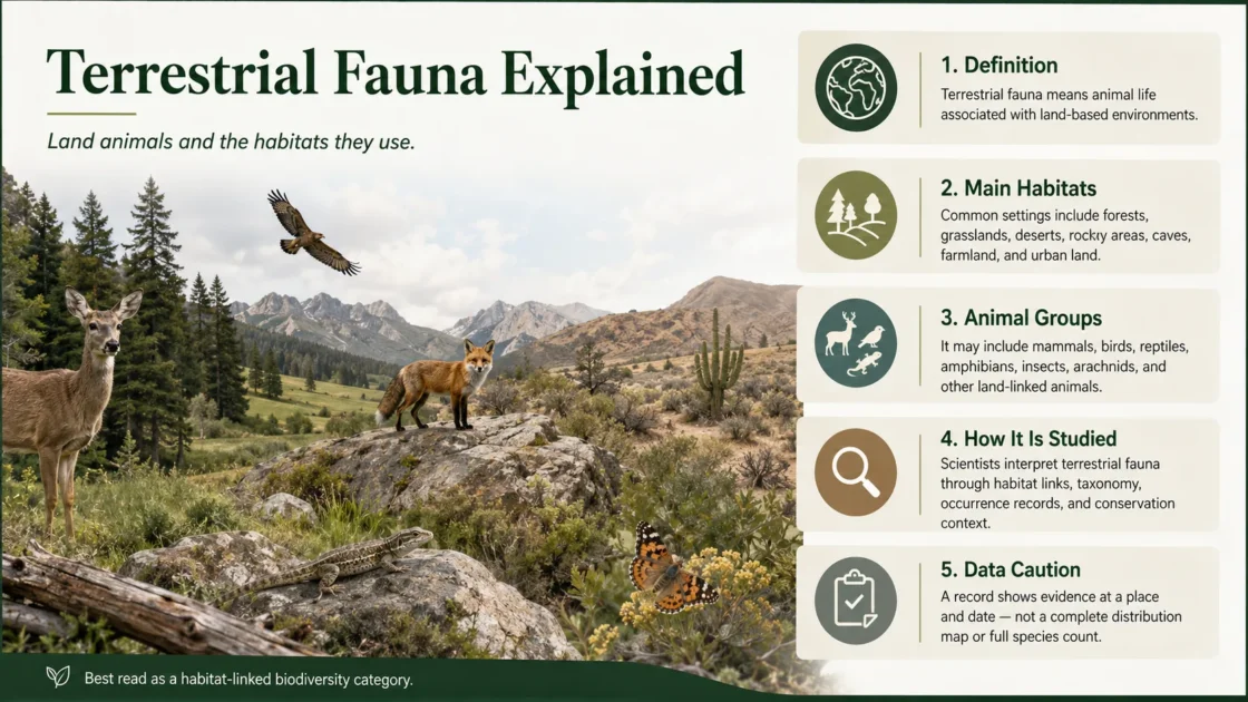 Terrestrial fauna and land animals' habitats illustrated in a natural landscape setting.