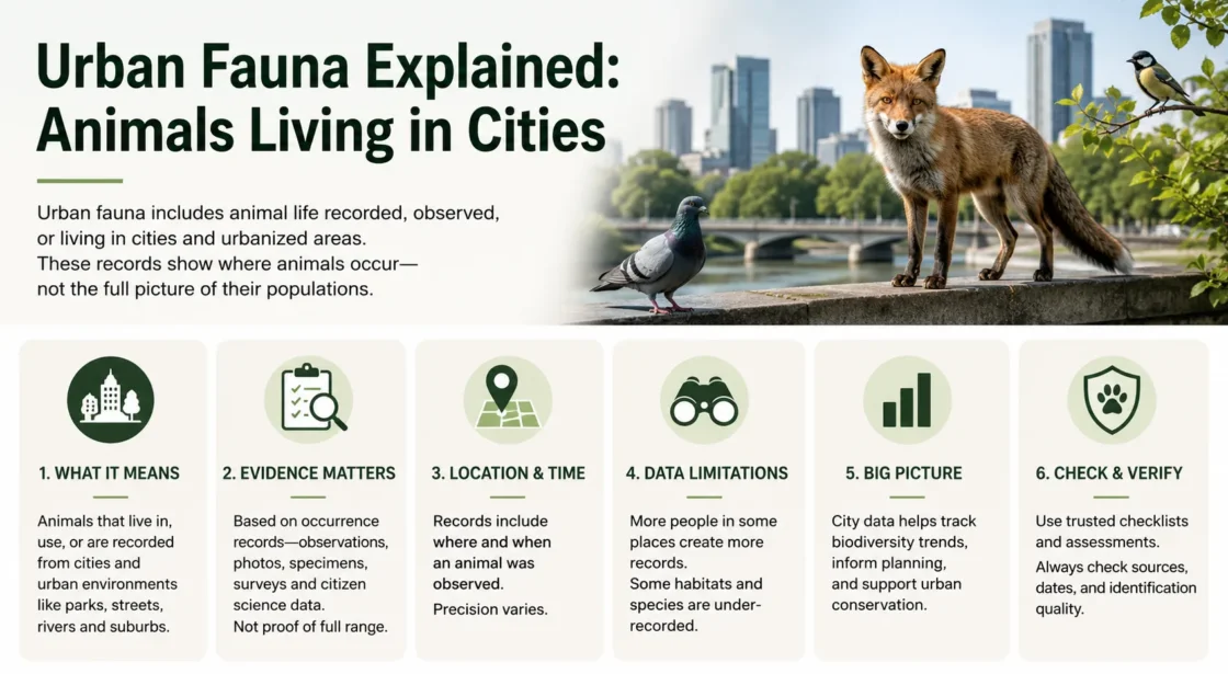 Urban fauna explained with city animals like birds and urban foxes thriving in city environments.