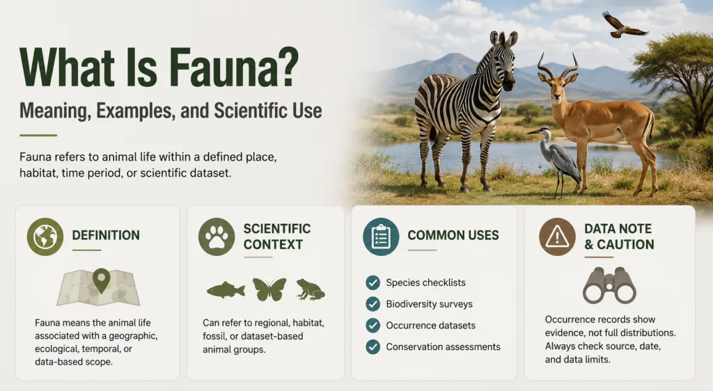 Zebras and other animals illustrating the definition and examples of fauna in a scientific context.