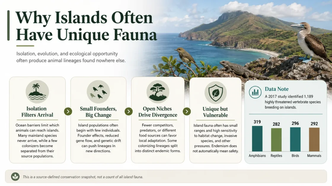 Islands often host unique fauna due to isolated environments and limited species diversity, making island fauna distinct and special.