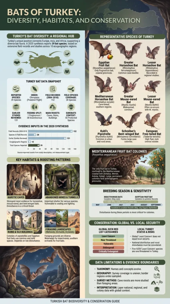 Different species of bats of Turkey shown in this infographic with details about their habitats and characteristics.
