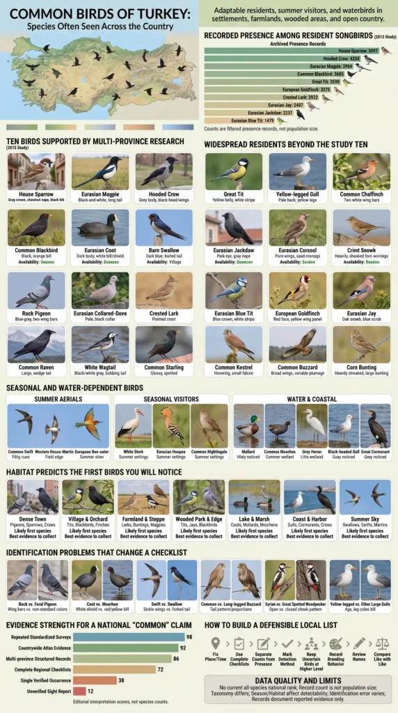 Various common birds in Turkey, showcasing local species often seen across the country in their natural habitats.
