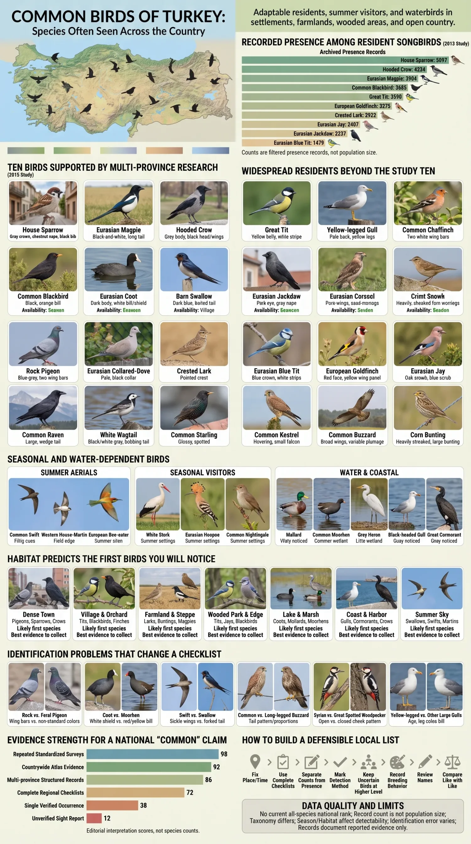 Various common birds in Turkey, showcasing local species often seen across the country in their natural habitats.