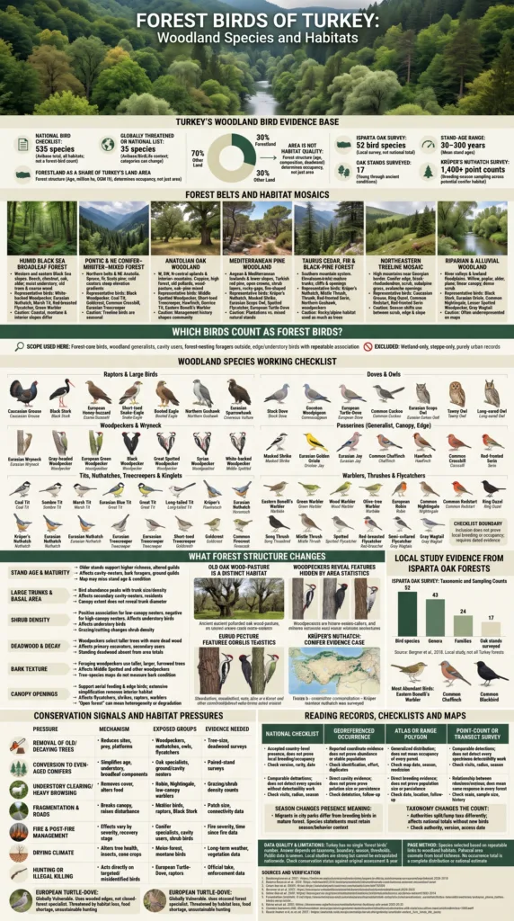 Forest birds of Turkey are shown in their woodland habitats, showcasing diverse species found in Turkish forests and their birding environments.