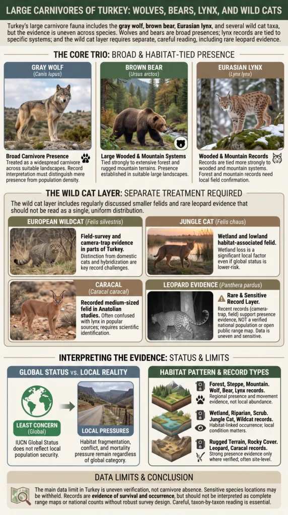 Large carnivores of Turkey, including wolves, bears, lynx, and wild cats, showcased in various natural habitats across the country.