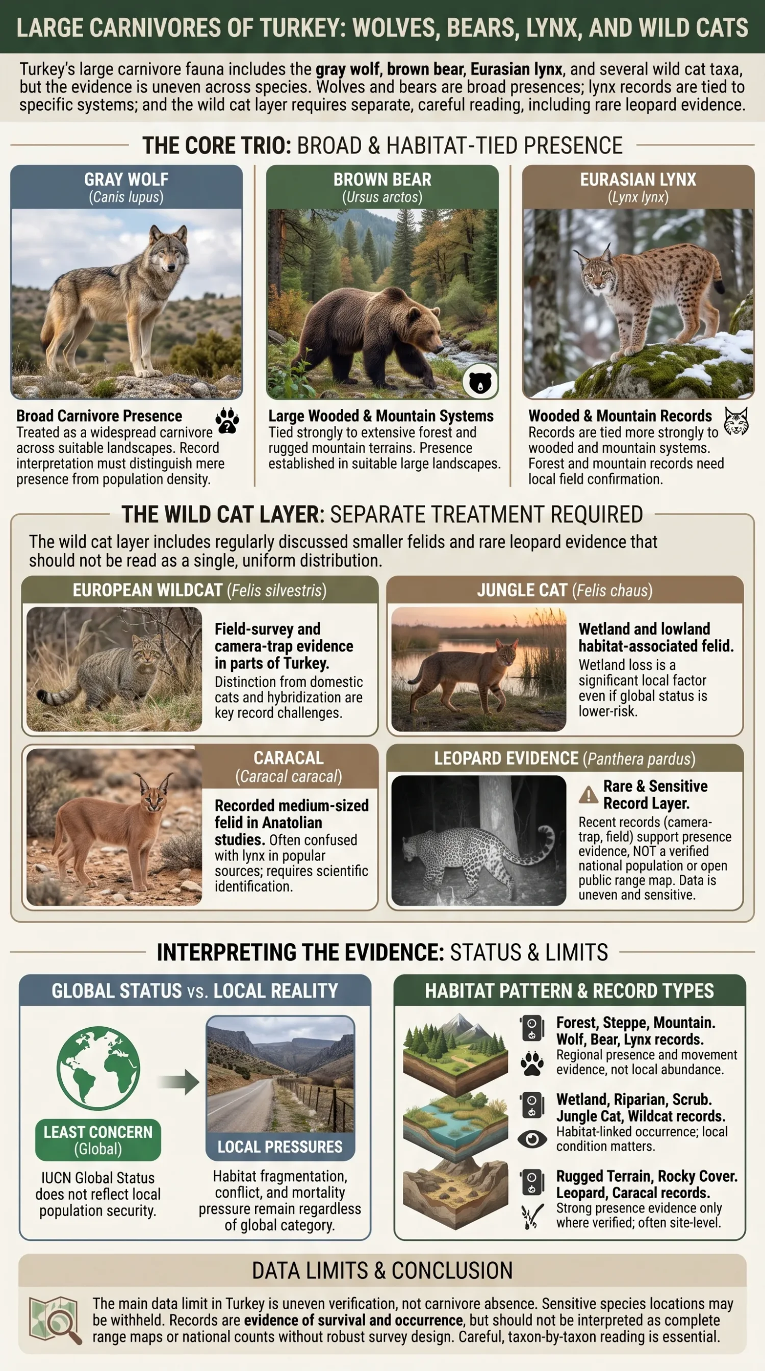 Large carnivores of Turkey, including wolves, bears, lynx, and wild cats, showcased in various natural habitats across the country.
