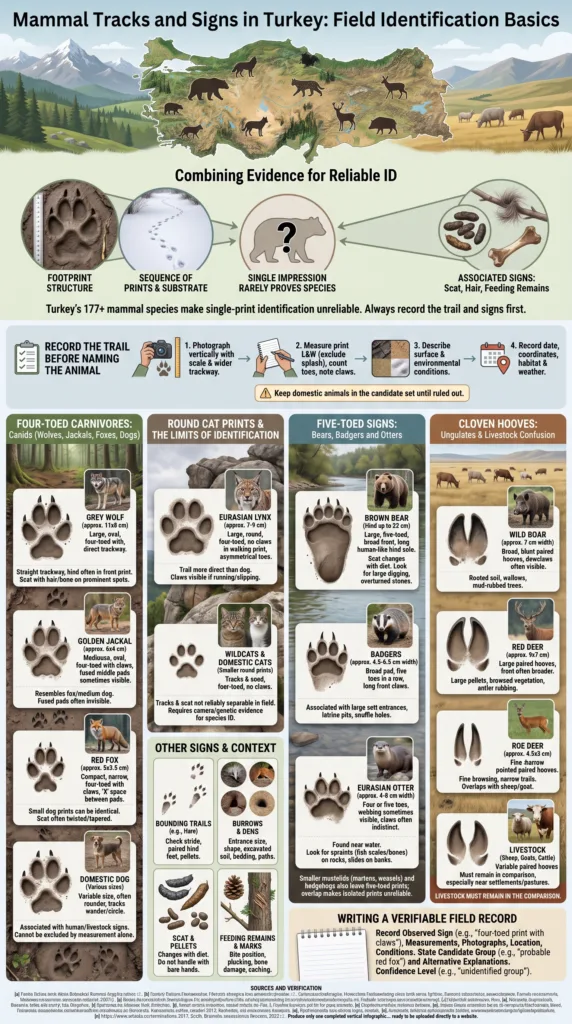 Turkey mammal tracks and signs guide for field identification of animal footprints and characteristics in nature.