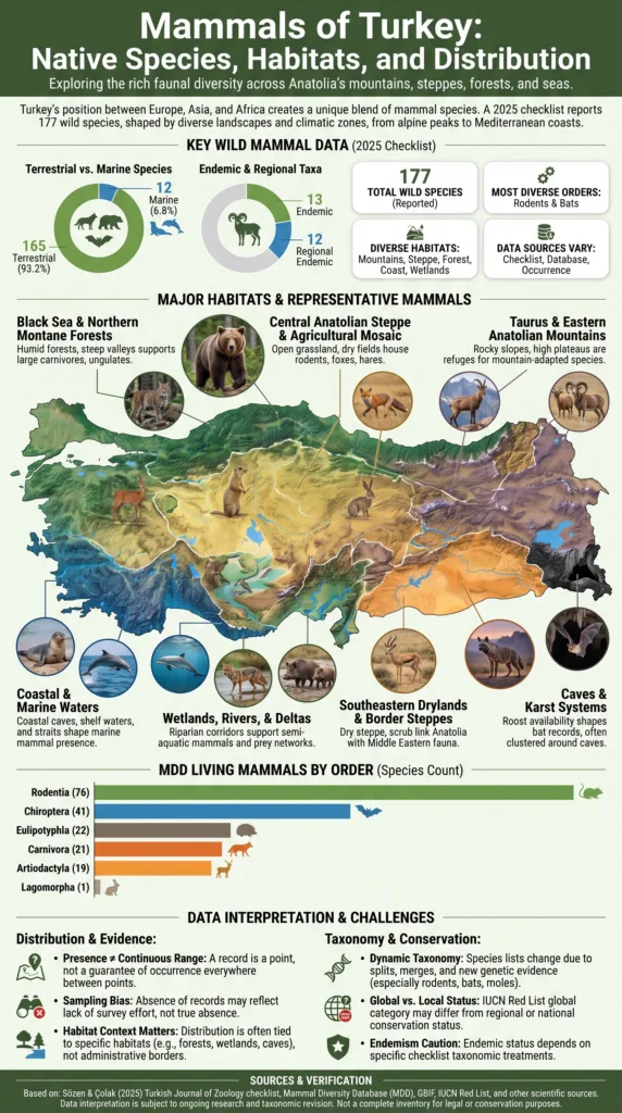 Turkey mammals overview showing native species, habitats, and distribution across various regions of Turkey.