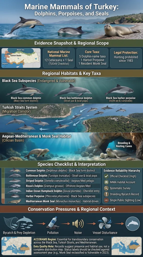 Marine mammals of Turkey, including dolphins, porpoises, and seals, swimming in the clear waters along the Turkish coast.