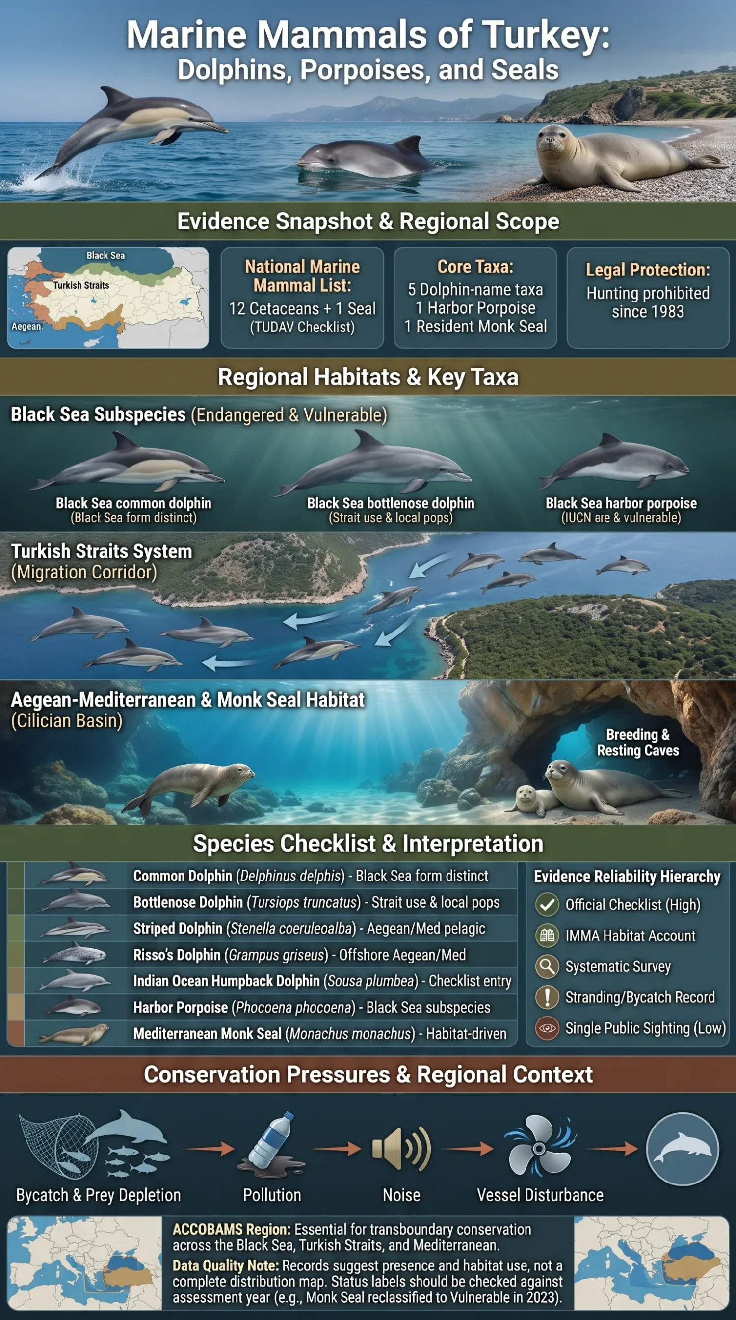 Marine mammals of Turkey, including dolphins, porpoises, and seals, swimming in the clear waters along the Turkish coast.