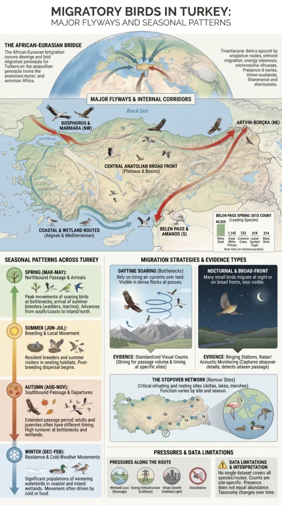 Migratory birds in Turkey follow major flyways during seasonal migrations across the country.
