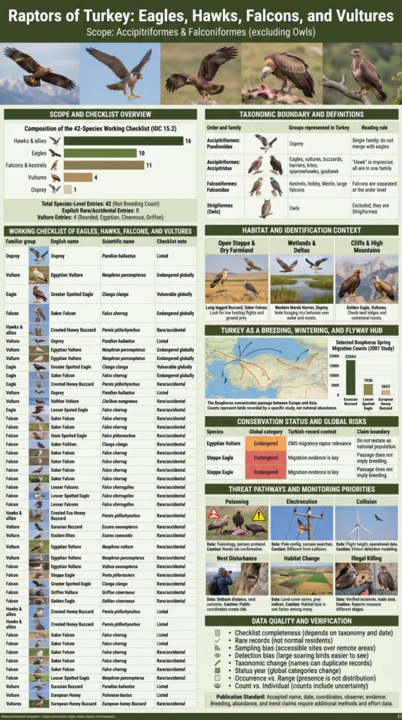 Turkish raptors including eagles, hawks, falcons, and vultures perched on trees and flying in their natural habitat.