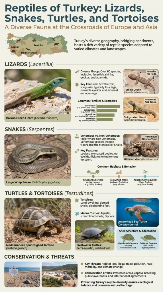 Turkish reptiles including lizards, snakes, turtles, and tortoises captured in a detailed overview of Turkey's diverse reptile species.