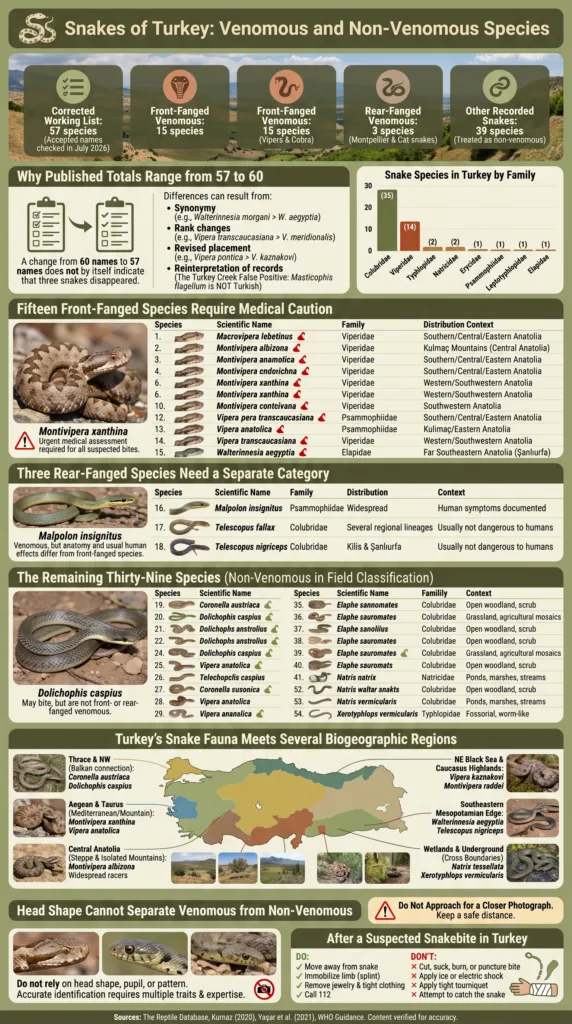 Snakes of Turkey, showing various venomous and non-venomous species found in the region.