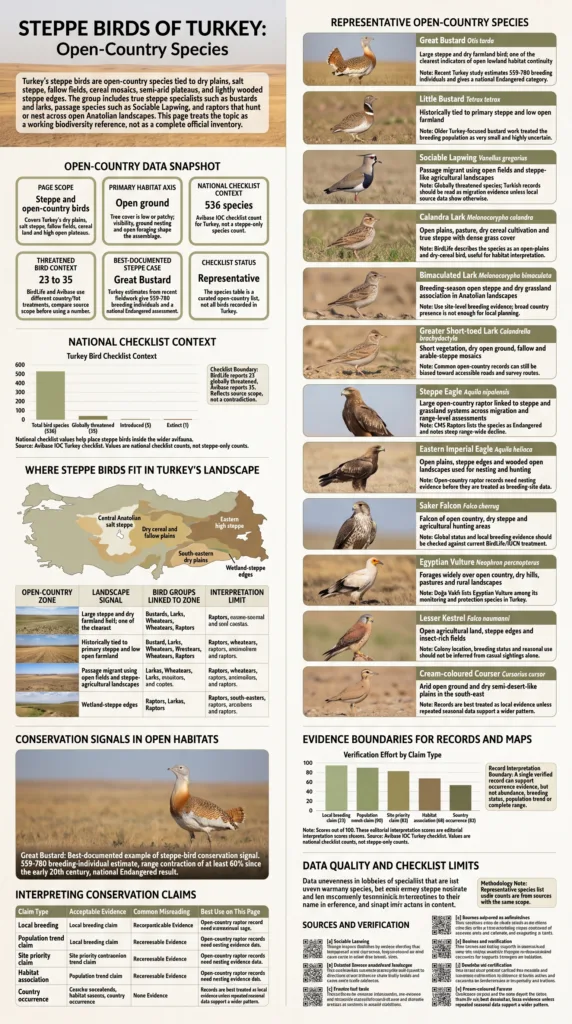 Steppe birds of Turkey include open-country species like the great gray shrike and the crested lark, common in Turkish steppe habitats.