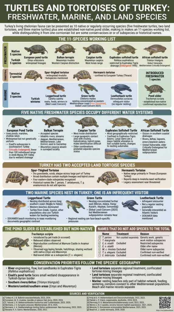 Various freshwater, marine, and land turtles and tortoises found in Turkey, showcasing their diverse species and habitats.