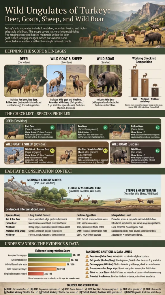 Wild ungulates of Turkey, including deer, goats, sheep, and wild boar, shown in their natural habitats across diverse Turkish landscapes.