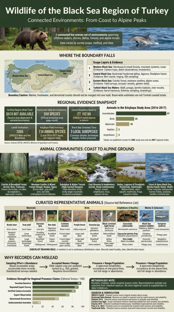 Wildlife of the Black Sea region in Turkey showcasing diverse aquatic and terrestrial species in their natural habitat.