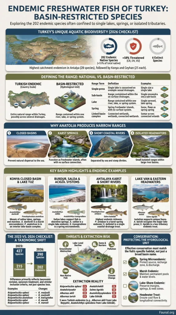 Endemic freshwater fish of Turkey found in basin-restricted habitats, highlighting the unique biodiversity of Turkey's aquatic ecosystems.