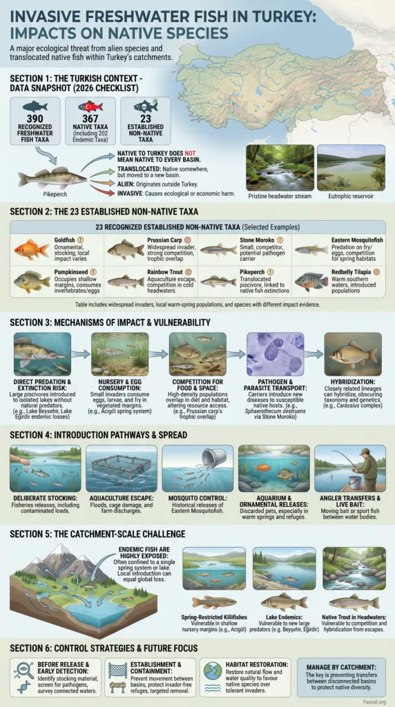 Invasive freshwater fish in Turkey threaten native species and disrupt local aquatic ecosystems in this detailed infographic.