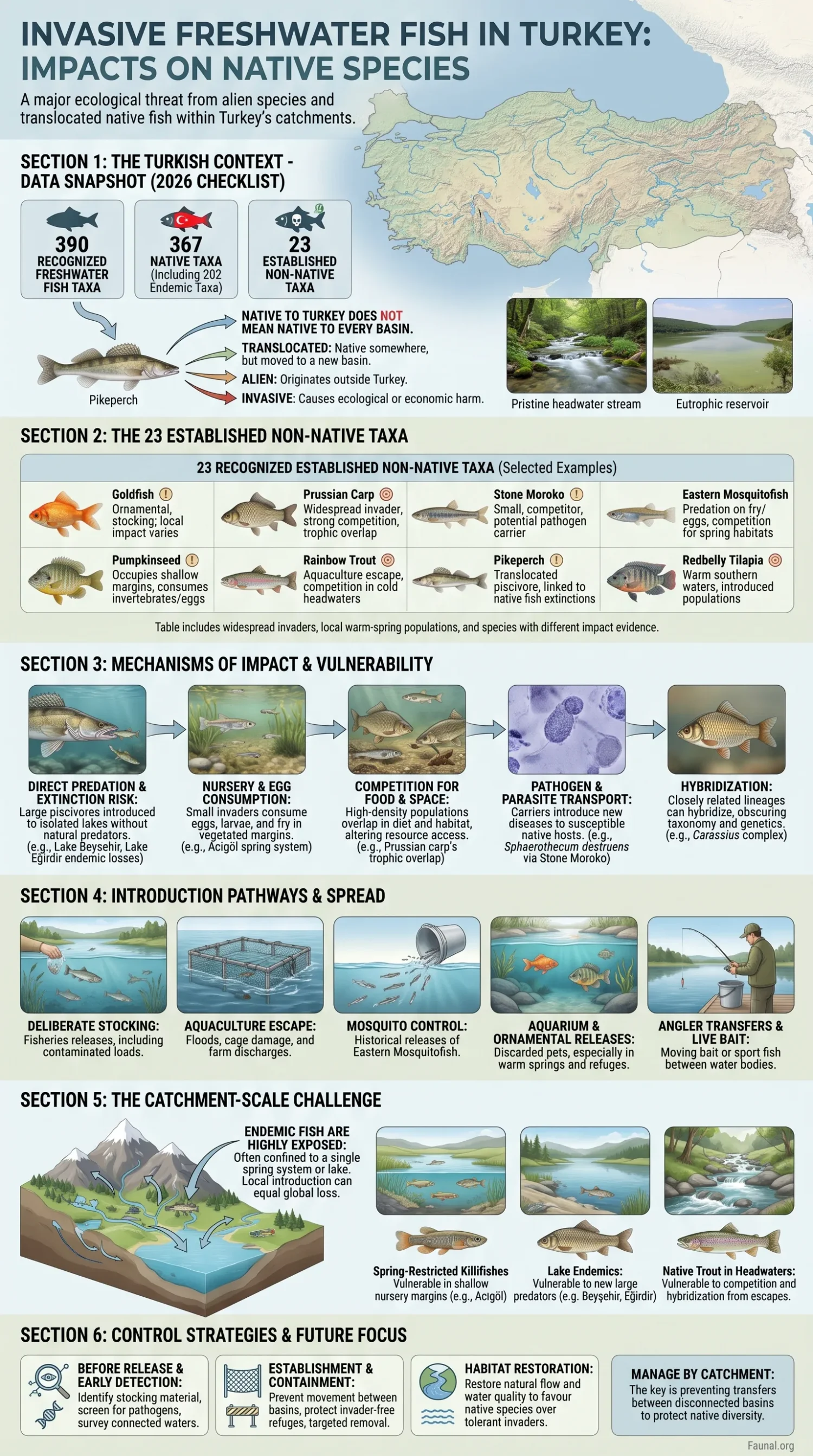 Invasive freshwater fish in Turkey threaten native species and disrupt local aquatic ecosystems in this detailed infographic.