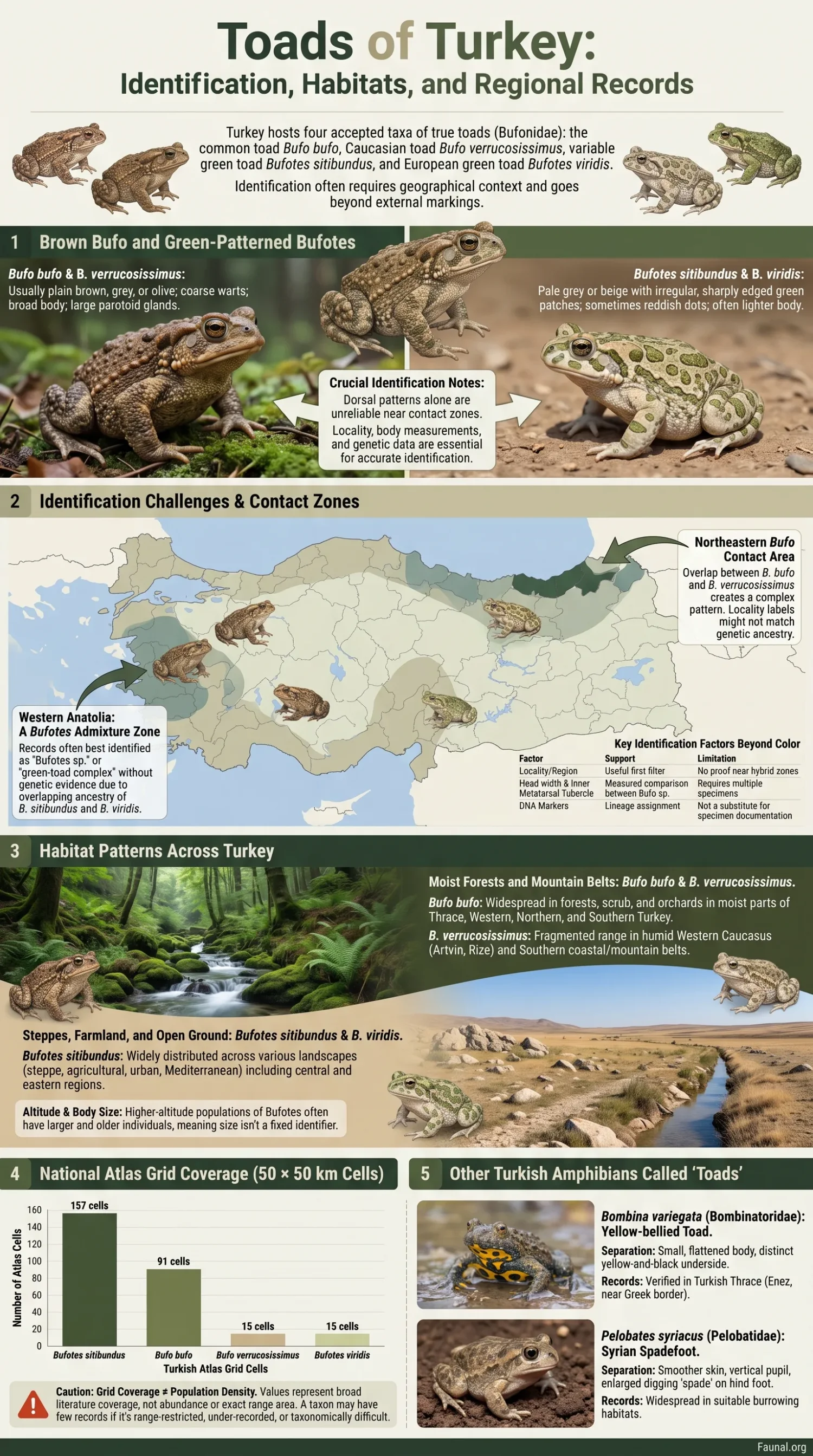 A detailed map and images showcasing the different toads of Turkey, their habitats, and regional distribution across the country.