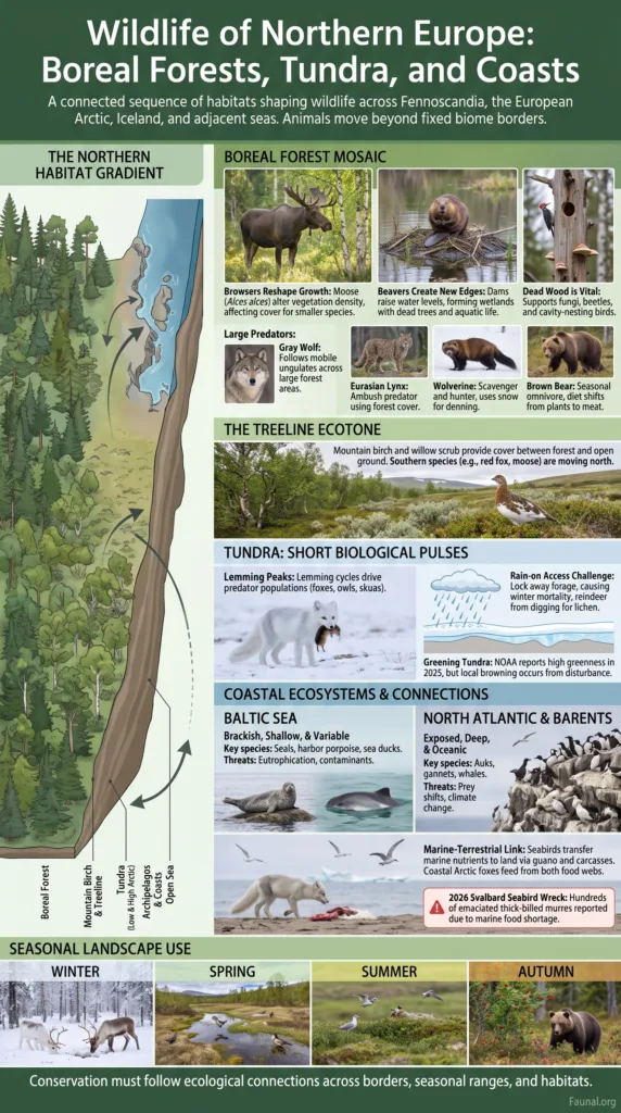 Northern Europe wildlife showing boreal forests, tundra, and coastal habitats with native animals and landscapes.