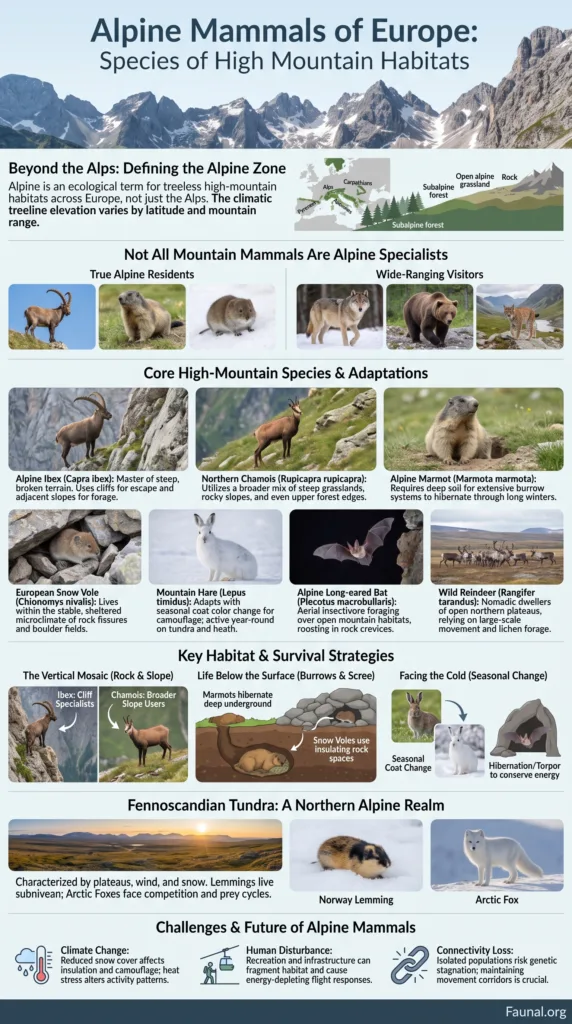 European alpine mammals like ibex, marmots, and chamois inhabit high mountain habitats across Europe.