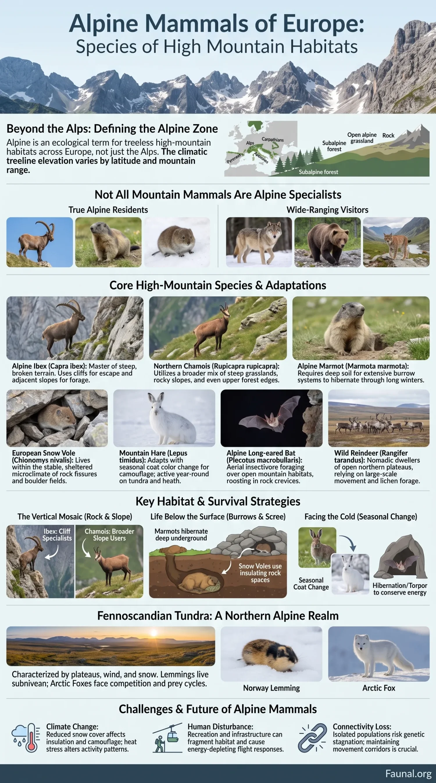 European alpine mammals like ibex, marmots, and chamois inhabit high mountain habitats across Europe.