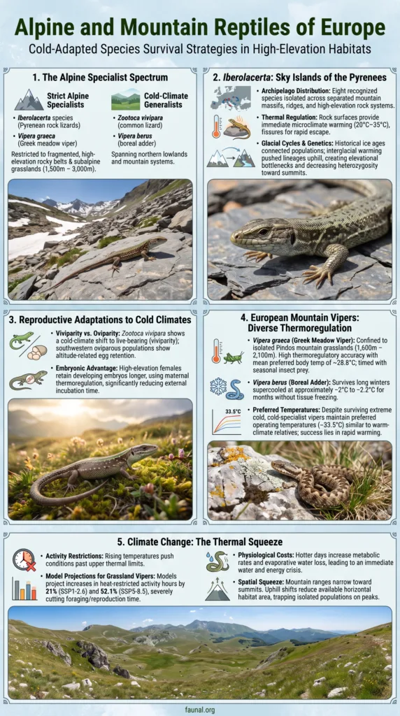 European mountain reptiles adapt to cold climates, thriving in alpine and mountain environments across Europe.