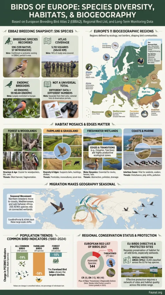 European bird species in their diverse habitats across biogeographic regions, showcasing the rich avian diversity in Europe.