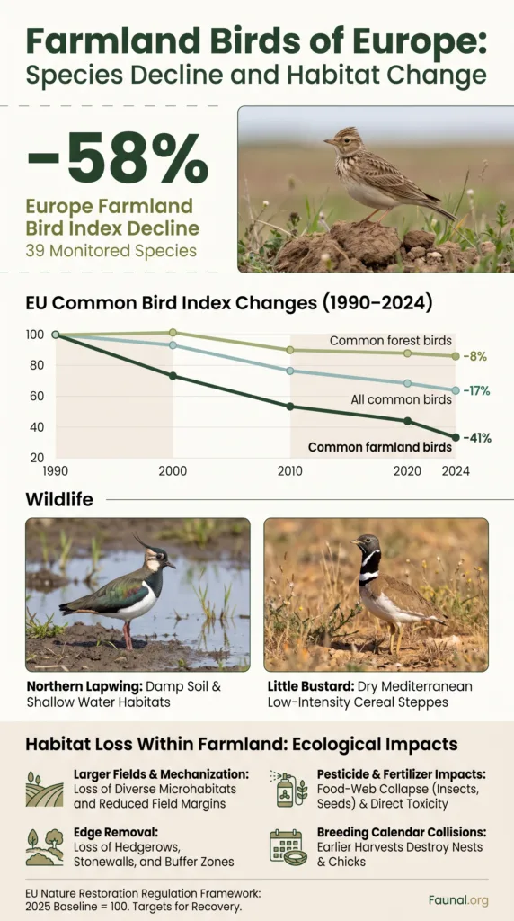 Farmland birds of Europe, like skylarks and lapwings, face decline due to habitat changes on agricultural land.